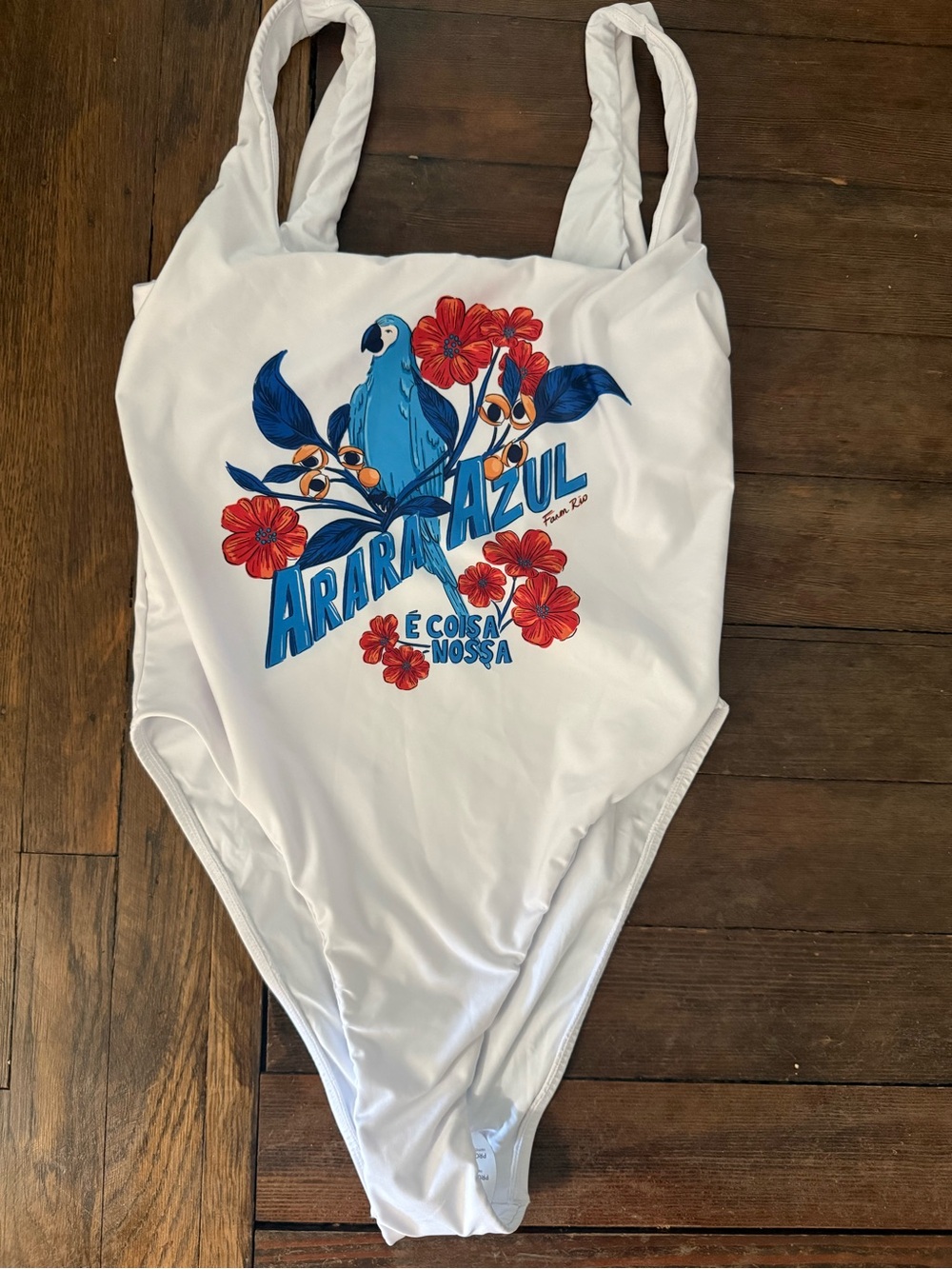 FARM Rio White One-Piece Swimsuit with Blue Parrot and Red Floral Print